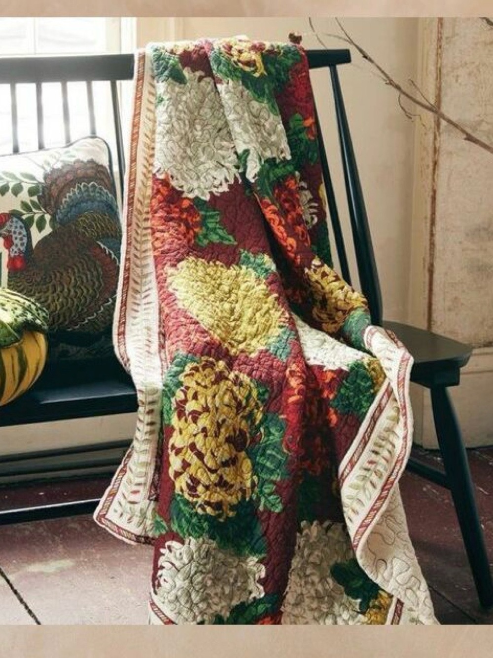 Chrysanthemum Quilted Throw Blanket - Burgundy, Yellow & Green